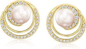 Ross-Simons 6mm Cultured Pearl Swirl Earrings With. Lab-Grown Diamonds in 18kt Gold Over Sterling