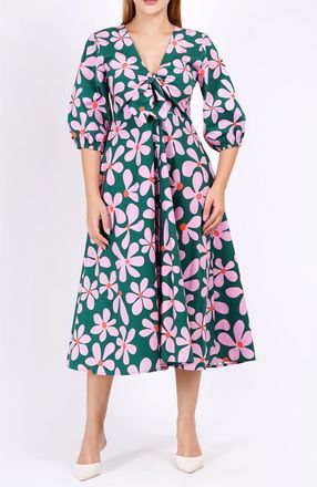 Leota Adriana Tie-Front Midi Dress in Dancing Daisies Evergreen at Nordstrom, Size X-Small