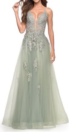 La Femme Tulle A-line Dress with Jeweled Lace Appliques in Sage at Nordstrom, Size 16