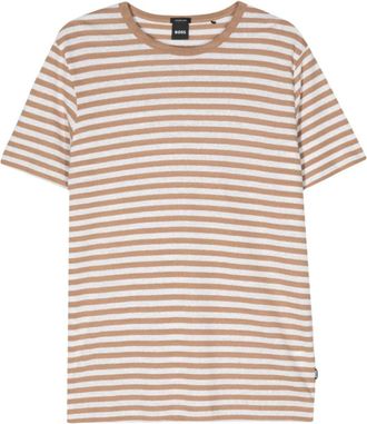 HUGO BOSS Mens Tiburt 457 Striped Linen Short Sleeve Crew Neck T-Shirt, Beige/White