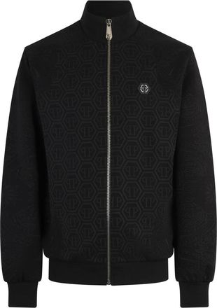 Philipp Plein Jacquard Tracksuit Jacket Monogram - Heren - Vesten met rits - Zwart - S - Katoen - Hoodies & sweatvesten