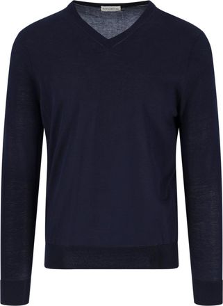 Ballantyne Blue V-Neck Ribbed Cotton Knit Sweater