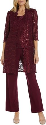 R & M Richards Lace 3/4 Sleeve 3-Piece Pants Set In Merlot