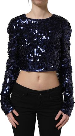 Dolce & Gabbana Womens Blue Sequined Long Sleeves Crop Blouse Top Nylon