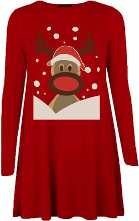 Generic Christmas Print Dress for Women Casual A Line Pleated Swing Midi Dress Ladies Long Sleeve Knee Length Round Neck Jumper Dress (as8, Numeric, Numeric_1