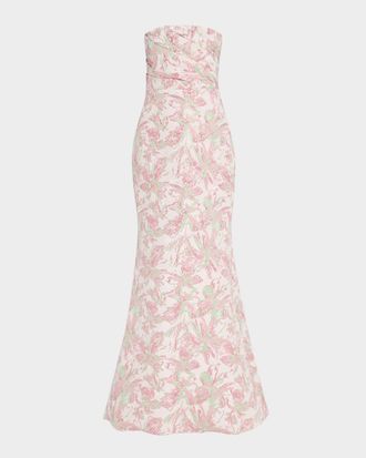 Badgley Mischka Strapless Pleated Metallic Jacquard Gown