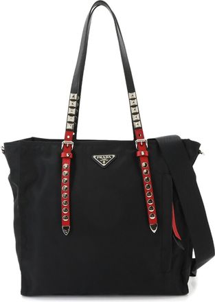 Prada Black Red Color Nylon Saffiano Handbag Shoulder Bag Tote Bag (Pre-Owned)