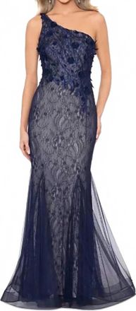 Xscape Lace Mesh One-Shoulder Gown In Navy