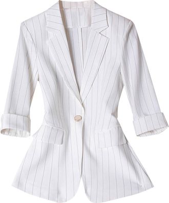 Generic 3/4 Sleeve Blazers for Women Petite Classic Striped Solid Colour Notch Lapel Collar Blazer with Pockets & One Button Casual Slim-Fit Office Work Suit 