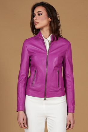 D'Arienzo Giacca biker in pelle naturale glicine effetto liscio DArienzo, Seleziona Taglia XXS, Colore Viola