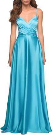 La Femme Bright Satin Gown with Criss-Cross Ruched Top in Cloud Blue at Nordstrom, Size 00