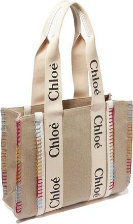 Chlo&eacute; Womens Linen With Logo-Printed Ribbon Tote Beige Cotton Canvas