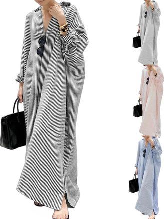Generic Womens Striped Long Sleeve Dress, Button Down Loose Striped Cotton Maxi Shirt Dress,V Neck Summer Maxi Shirt Dressing (Black,XXL)