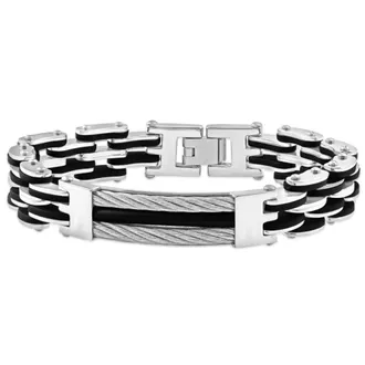 Pompeii3 Mens Steel Brushed And Black Two Tone 13.5mm Link Flexible Wired 8 Bracelet