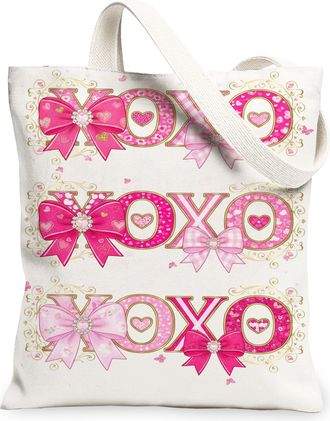 Generic ValentineS Day Floral Canvas Tote Bags, Elegant Bow Pattern Reusable Grocery Bags, Lightweight Washable Shoulder Strap Can, Peach, 13x15 Inch