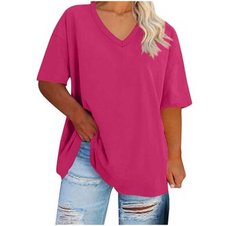 Generic KUIH Summer Tops for Women Oversized T-Shirts V Neck Top Plain Casual Lightweight Loose Basic Tees Plus Size Shirt Cotton Pullover Longline Tunic Blou
