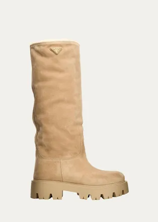Prada 50mm Stride Suede Knee-High Boots