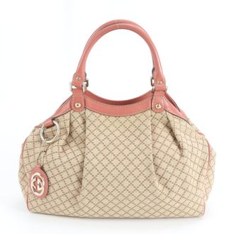 Gucci Beige Pink Leather Canvas Handbag Tote Bag (Pre-Owned)