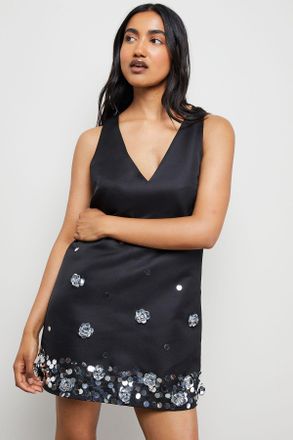 Warehouse Womens Embellished Heavy Satin Plunge Neck Mini Dress - Black - Size 12 UK