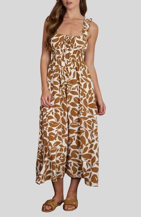 Blu Pepper Leaf Print Ruffle Strap Empire Waist Midi Dress in Brown Multi at Nordstrom Rack, Size Medium
