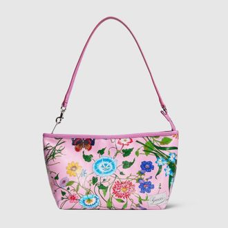 Gucci Flora-motif Small Pouch With Strap, Beige, Fabric