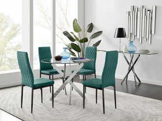 Furniturebox Novara 100cm Round Dining Table & 4 Velvet Milan Black Leg Chairs in Green