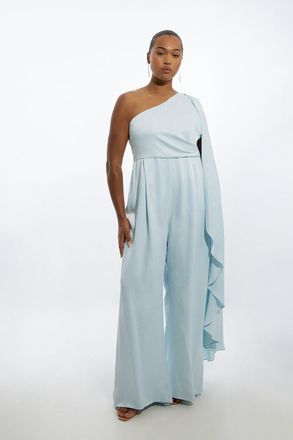 Karen Millen Plus Size Satin Back Crepe Drape One Shoulder Wide Leg Jumpsuit