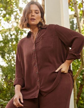 Live Unlimited London Womens Chocolate Crinkle Shirt - Brown - Size: 16