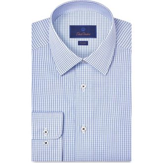 David Donahue Trim Fit Microcheck Cotton Poplin Dress Shirt in White/Blue at Nordstrom, Size 14.5 - 32