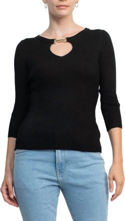 Carmen Marc Valvo Boat Neck Cutout Front 3/4 Sleeve Ribbed Pullover Knit Top In Black