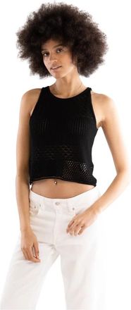 Akep Gebreide top met kantsteek - Dames - Tops zonder mouwen - Zwart - L - Polyester - Tops