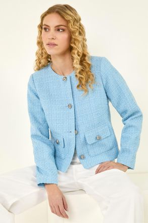 Roman Womens Collarless Buttoned Boucle Jacket - Blue - Size 12 UK