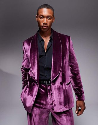 Asos double breasted regular suit jacket in burgundy velvet-Brown