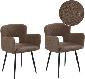 Beliani Set of 2 Chairs Dining Chair Brown Teddy Boucle with Armrests Cut-Out Backrest Black Metal Legs SANILAC