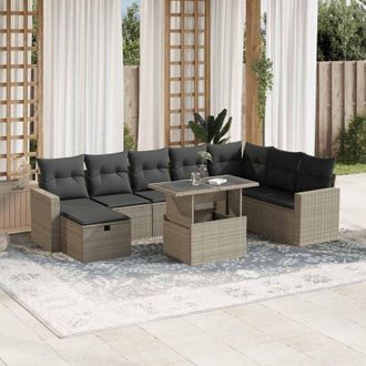 vidaXL Set Muebles Jard&iacute;n 9 Pzas Y Cojines Rat&aacute;n Sint&eacute;tico Gris Claro Vidaxl