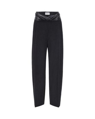 Andamane Black Pinstripe Draped Synthetic Leather Cotton-Blend Wide-Leg Pants