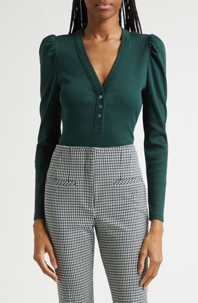 Veronica Beard Dekalb Rib Puff Shoulder Henley in Pine at Nordstrom, Size X-Large