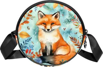 Generic Circle Crossbody Bag for Women, Fox Autumn Leaves Small Sling Bag Daypack with Zipper Adjustable Shoulder Straps Casual Ladies Girls Round Purse