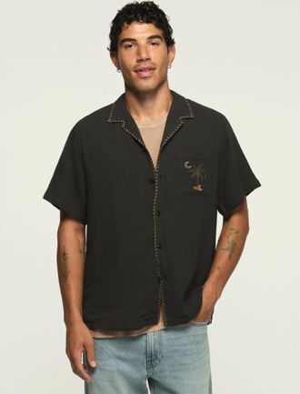 Lucky Brand Mens Short Sleeve Embroidered Gauze Camp Collar Shirt