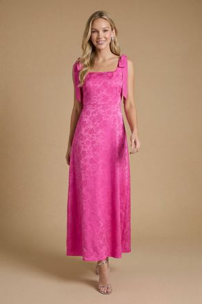 Oasis Womens Petite Bright Pink Square Neck Chiffon Tie Shoulder Satin Jacquard Bridesmaid Maxi Dress - Light Pink - Size 10 UK