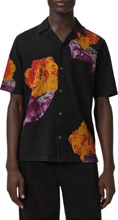 AllSaints Nouvelle Floral Linen & Cotton Camp Shirt in Jet Black at Nordstrom, Size Xx-Large