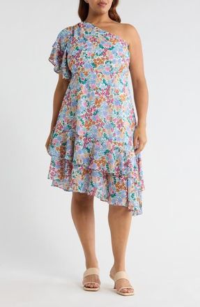 Sugarlips Posy Blossom One-Shoulder Asymmetric Dress in Cream-Multi at Nordstrom, Size 1X