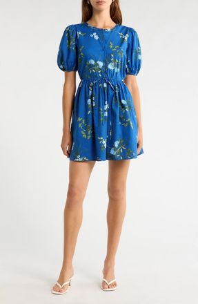 Sugarlips Oreanna Floral Alba Drawstring Waist Cotton Minidress in Navy-Blue-Grn at Nordstrom, Size X-Small