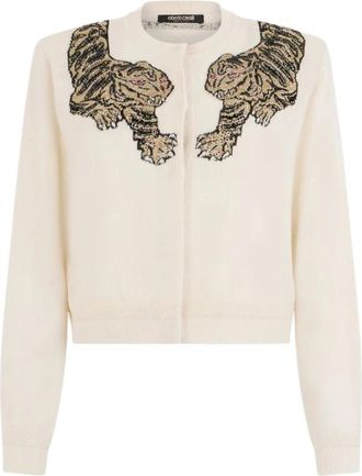 Roberto Cavalli Wollen vest met tijgerborduursel - Dames - Vesten - Beige - L - Wol - Truien & Vesten