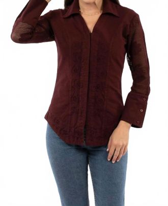 Scully Embroidered Blouse With Mesh Sleeves In Bourbon