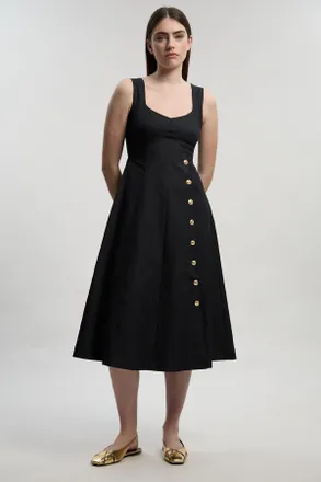 Karen Millen Womens Tailored Denim Sleeveless Full Skirted Midi Dress - Indigo Blue Cotton - Size 16 UK