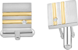 Pompeii3 Mens Stainless Steel And Gold Double Striped Square Polished 14mm Cufflink