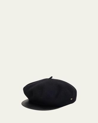 Valentino Garavani Mens VLogo Wool Beret with Calfskin Brim