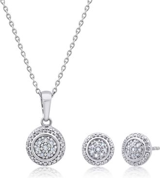 MAX + STONE Sterling Silver Diamond Halo Pendant Necklace and Stud Earrings Set