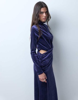 Asos vestito lungo in velluto a maniche lunghe con profonda apertura a goccia e dettagli cut-out in navy-blu navy
